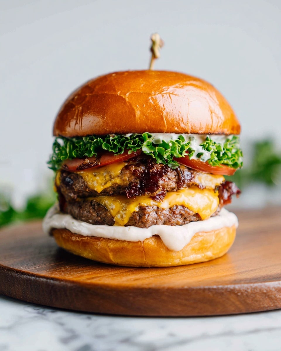A thick burger sits centered on a round wooden board, placed on a white marbled surface. The bottom layer is a soft, shiny golden-brown bun with a spread of creamy white sauce. On top is a crisp, bright green leaf of lettuce, followed by a thick slice of red tomato. Above the tomato are two juicy, browned beef patties, stacked and covered with melted yellow cheddar cheese. A layer of white sauce tops the patties, topped finally by the smooth top bun which has a small skewer pierced through its center. Photo taken with an iphone --ar 4:5 --v 7