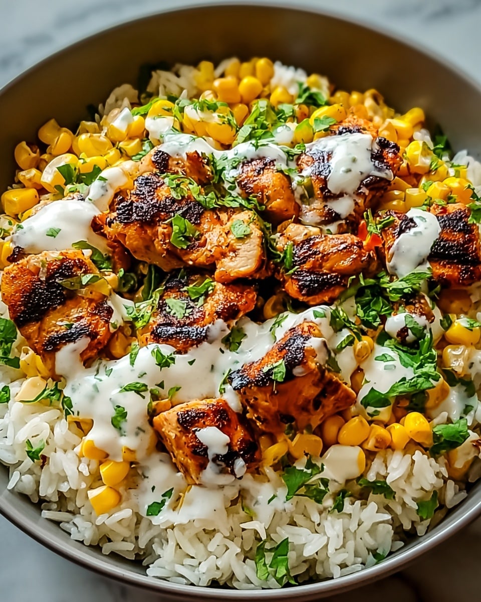 A bowl filled with three main layers: the bottom layer is fluffy white rice with some corn kernels mixed in, giving a soft and slightly glossy texture; the middle layer consists of golden-brown grilled chicken pieces, some with dark char marks, spread evenly on top of the rice; the top layer is bright yellow corn scattered across, fresh chopped green herbs sprinkled all over, and a smooth white sauce drizzled lightly on the chicken and herbs, creating a fresh and colorful look, all set against a white marbled surface. Photo taken with an iphone --ar 4:5 --v 7