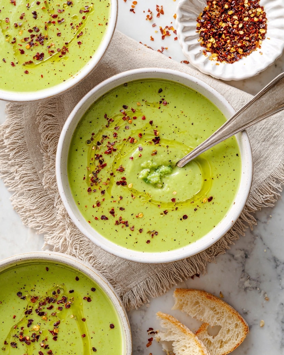 A large white pot filled with smooth, thick green soup that has a creamy texture, held by a metal ladle lifting some soup above the pot. The soup is light to medium green, with small darker green and red chili flakes sprinkled on top, adding texture and color contrast. The pot sits on a white marbled surface, with a small white scalloped dish of red chili flakes partially visible in the top left corner. The scene shows only the pot and food, with no other items distracting from the fresh, creamy green soup. photo taken with an iphone --ar 4:5 --v 7