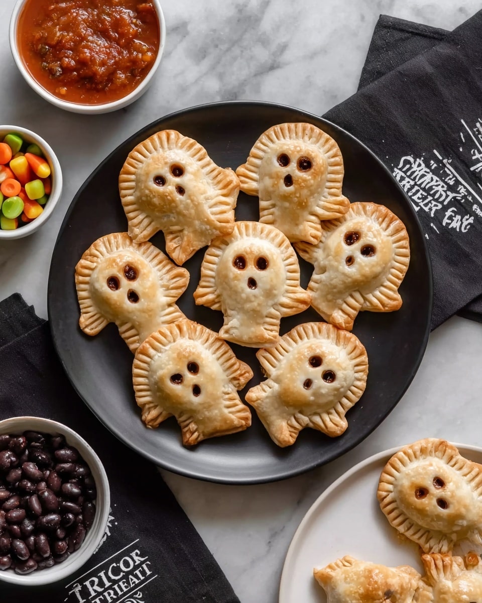 A small white bowl filled with chunky red tomato salsa with visible small green herbs is placed on a white marbled surface. A woman's hand is dipping a golden-brown, small star-shaped pastry with a tiny round hole in the center and crimped edges into the salsa. Nearby, there is a dark plate holding more of the same pastries, and a white bowl with a colorful mix of black beans, corn, and red onions is partially visible in the corner. Photo taken with an iphone --ar 4:5 --v 7