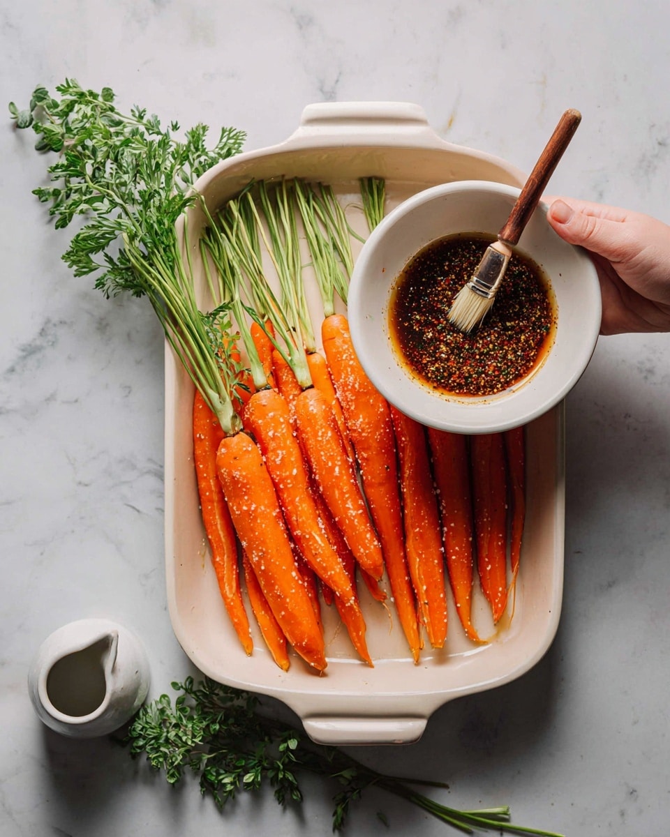 The image shows seven roasted carrots on a white plate placed on a white marbled surface. The carrots are arranged in a row, with a mix of bright orange and golden-yellow colors. Each carrot is coated with a shiny glaze and sprinkled with sesame seeds and fresh green herbs. The carrots have some char marks, giving a roasted texture. A woman's hand is holding one carrot on the left side of the plate. photo taken with an iphone --ar 4:5 --v 7