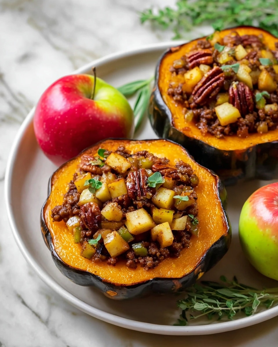 The image shows one half of a dark green acorn squash placed in a white bowl on a white marbled surface. The squash is hollowed out with its smooth, bright orange inner layer visible, topped with a chunky mixture of chopped nuts and dried cranberries in dark red and brown shades piled high at the center. In the background, there are two more similar squash halves on a white plate, slightly out of focus. The lighting is soft, highlighting the rich colors and textures of the squash and topping. photo taken with an iphone --ar 4:5 --v 7