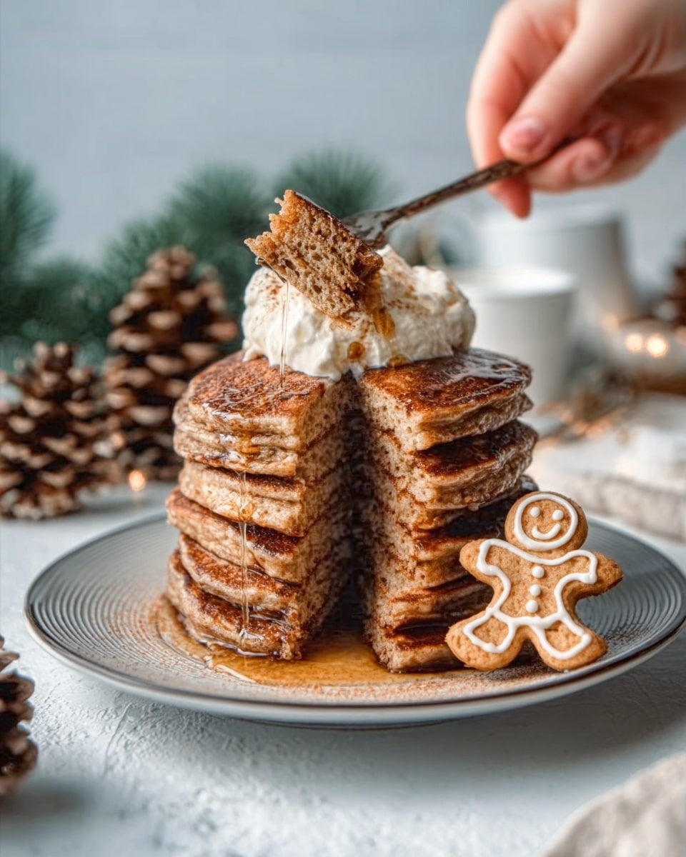 A tall stack of seven golden-brown pancakes sits on a white plate, each pancake thick and fluffy, layered closely with a slight drip of syrup running down the sides. On top, there is a thick swirl of light brown frosting with a soft, creamy texture, dusted with powdered sugar falling gently from above. Sticking out from the frosting near the back is a small gingerbread man cookie decorated with white icing smiling and standing against a dark blurred background with warm light spots. The plate is on a wooden surface with a white marbled texture in the background. photo taken with an iphone --ar 4:5 --v 7