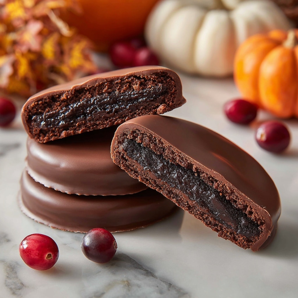 A white plate with a gold rim holds five round chocolate-covered cookies arranged in a piled stack, with one cookie placed on top in the center. The cookies have a smooth, glossy dark brown chocolate coating with some having wavy textured lines on the surface. A single bright red cranberry sits on top of the central cookie, adding a pop of color. The plate is set on a white marbled surface, and around it are small red cranberries and soft knitted mustard yellow and orange balls slightly blurred in the background. Photo taken with an iphone --ar 4:5 --v 7