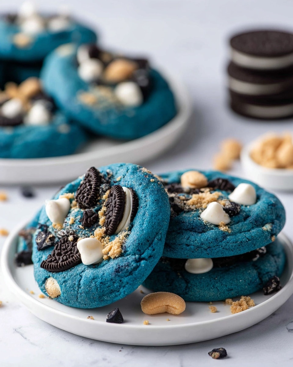 A single round cookie with a bright blue base sits on a white marbled surface, with a bite taken out from one side revealing its soft texture. The cookie is topped with scattered chunks of light tan cookie dough, small white chocolate chips, and broken pieces of black and white sandwich cookies spread unevenly across the surface. Around the cookie, there are small crumbs and bits of the toppings, adding to the casual, freshly baked look. photo taken with an iphone --ar 4:5 --v 7