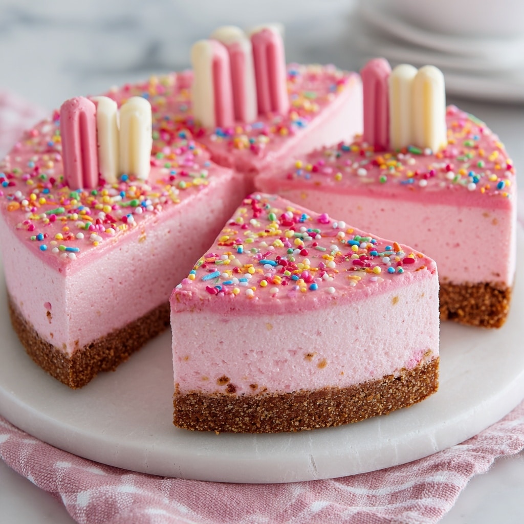 A slice of pink layered cake sits on a white plate over a white marbled surface, showing three clear layers: a bottom layer of crumbly brown crust, a thick middle layer of smooth light pink filling, and a top layer of bright pink frosting sprinkled with colorful round sprinkles. The cake slice is decorated with a small piece of pink candy on the top. Behind the plate is a larger cake of the same type with a missing piece. In the background, a pink and white checkered cloth is visible. Bright lighting highlights the creamy texture of the cake, photo taken with an iphone --ar 4:5 --v 7