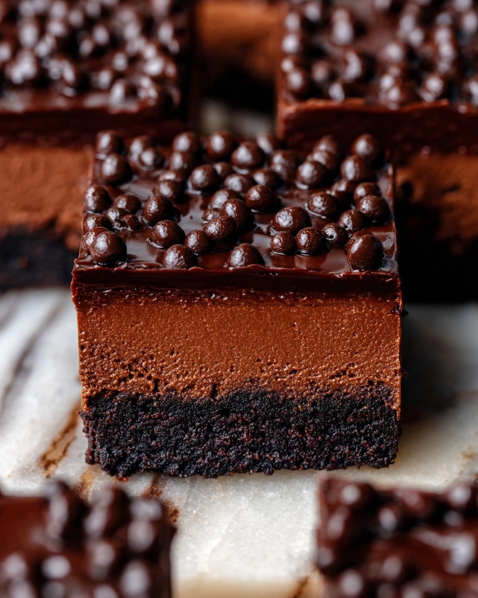 A close-up of a square chocolate dessert with three visible layers: a dark, dense bottom layer with a slightly crumbly texture, a middle layer that is thick and smooth with a rich brown color, and a glossy top layer that is darker and shiny, covered with small round chocolate balls scattered evenly across. The dessert is placed on a white marbled surface with several similar pieces surrounding it, showing the shiny chocolate topping that has slight swirl patterns. photo taken with an iphone --ar 4:5 --v 7