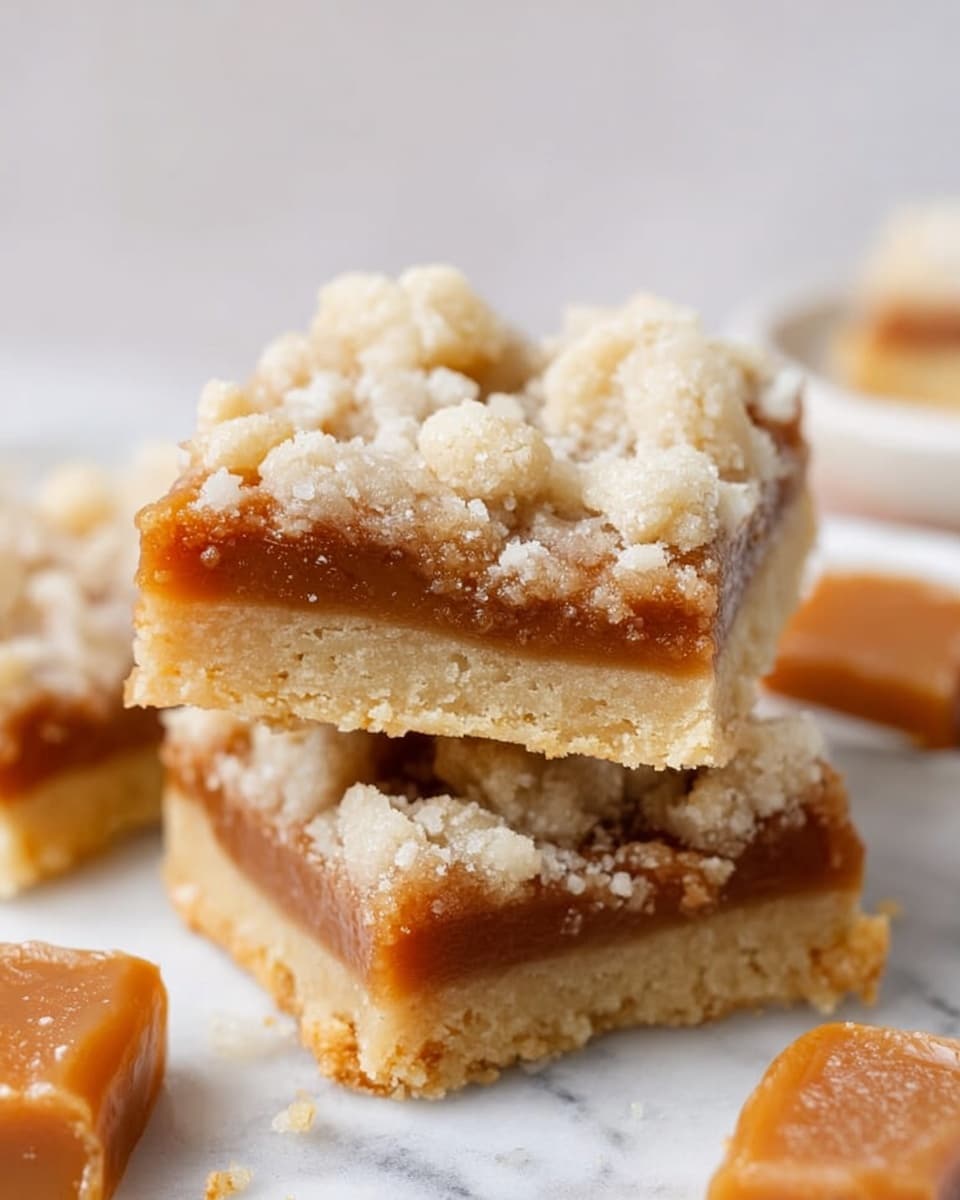 The image shows square dessert bars with three clear layers: the bottom layer is light golden and looks firm like shortbread, the middle layer is a thick, smooth caramel of rich brown color, and the top layer is crumbly with uneven chunks of pale, buttery dough. The bars are stacked slightly on a white marbled surface, with caramel pieces nearby and a blurred white plate in the background. The texture contrast between soft caramel and crumbly topping is very visible. photo taken with an iphone --ar 4:5 --v 7