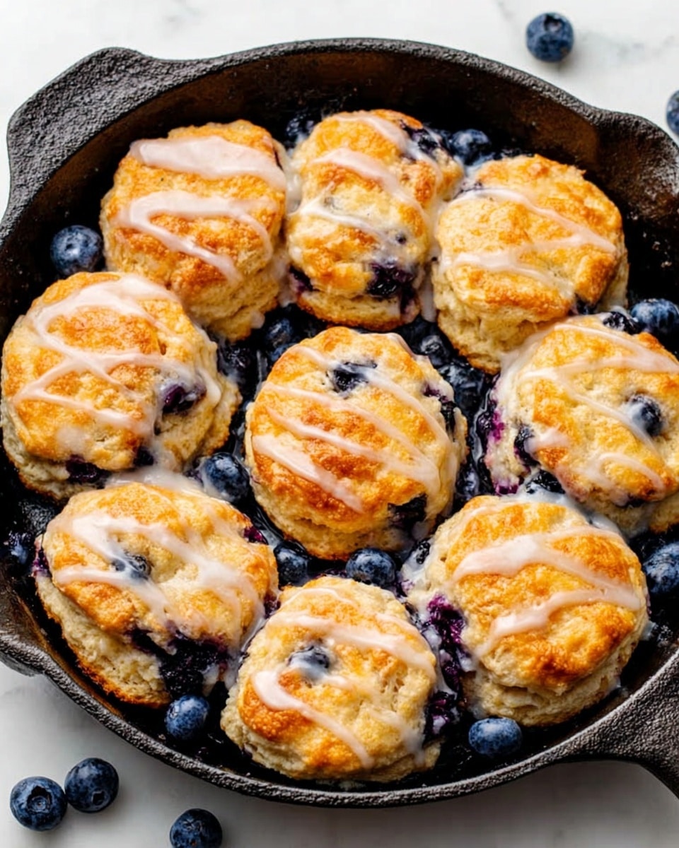 The image shows a tray of eight golden brown biscuit sandwiches with a slightly rough texture on the biscuit tops. Each biscuit has two layers, with the bottom and top pieces being a soft, flaky biscuit that is lightly browned and slightly crispy. Between the biscuit layers is a thick filling of white cream mixed generously with plump, dark purple blueberries, some of which look juicy and slightly bursting. The tops of the biscuits are dusted with a light layer of powdered sugar that adds a soft, snowy touch. The tray sits on a white marbled surface. photo taken with an iphone --ar 4:5 --v 7
