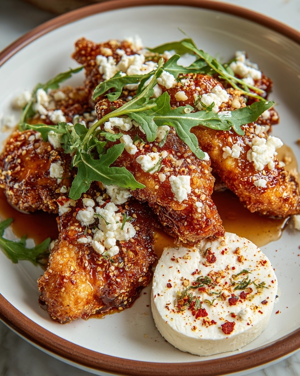 The dish shows four pieces of crispy fried chicken covered with a golden brown, crunchy coating that looks spicy and glistens with a shiny sauce. On top of the chicken, there are small white crumbles of cheese and fresh green arugula leaves scattered around. To one side, there is a round white cheese block with some red spice sprinkled on it. The food is placed on a large white plate with a brown rim, all set on a white marbled surface in soft light. photo taken with an iphone --ar 4:5 --v 7