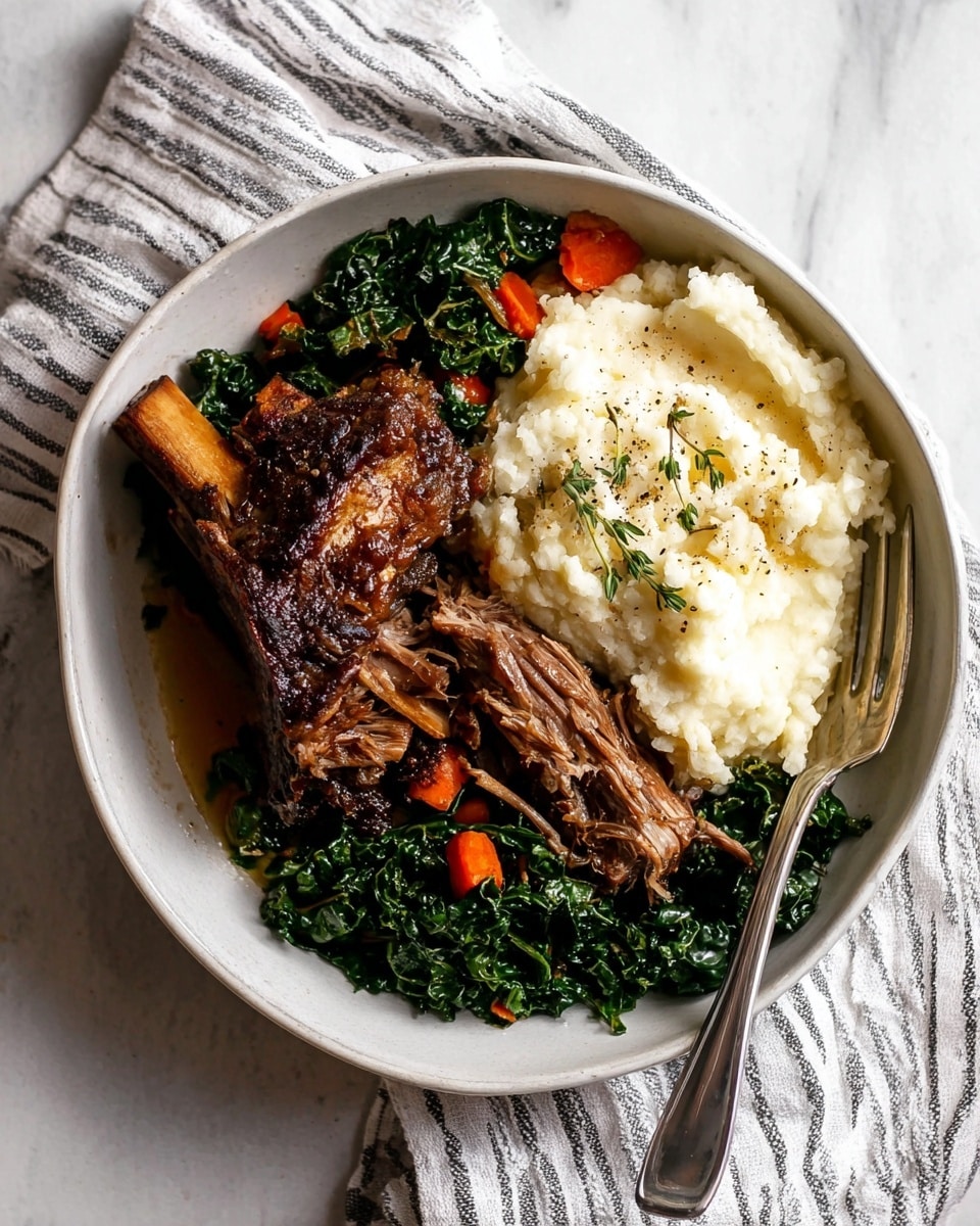 The image shows a black cast iron pot filled with multiple dark brown cooked short ribs arranged in a circle, some showing bones. At the center, there is a head of garlic with its top cut off exposing the cloves, surrounded by small chopped orange carrots and light brown celery pieces floating in a rich, glossy, dark brown sauce. The pot is sitting on a white marbled surface. photo taken with an iphone --ar 4:5 --v 7