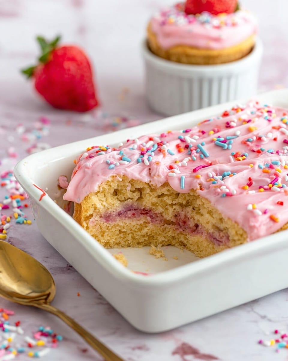 The image shows a white ceramic baking dish with a rectangular cake inside that has a light golden-brown color. The cake has two visible layers with a pink filling in between, and the top layer is covered with smooth pink icing sprinkled with small, colorful sprinkles in purple, white, red, and blue. A bite is taken from the front side, showing the moist inside texture and the filling. In the background, there is a white ramekin with a single cupcake topped with the same pink icing and sprinkles. A red strawberry and a gold spoon nearby rest on a white marbled surface with scattered sprinkles around. Photo taken with an iphone --ar 4:5 --v 7