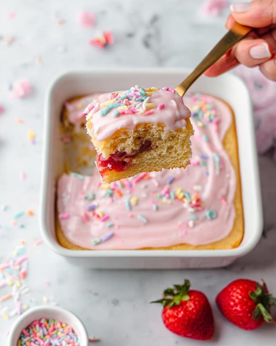 A close-up of a white rectangular baking dish filled with a dessert that has three visible layers: a golden-brown cake bottom, a thin layer of red fruit filling in the middle, and a smooth pink icing on top decorated with colorful pastel sprinkles. A golden spoon held by a woman's hand is lifting a bite from the dish, showing the layered texture. The dish is placed on a white marbled surface scattered with more sprinkles, two fresh red strawberries sit nearby, and a small white bowl with extra sprinkles is partially visible below. Photo taken with an iphone --ar 4:5 --v 7