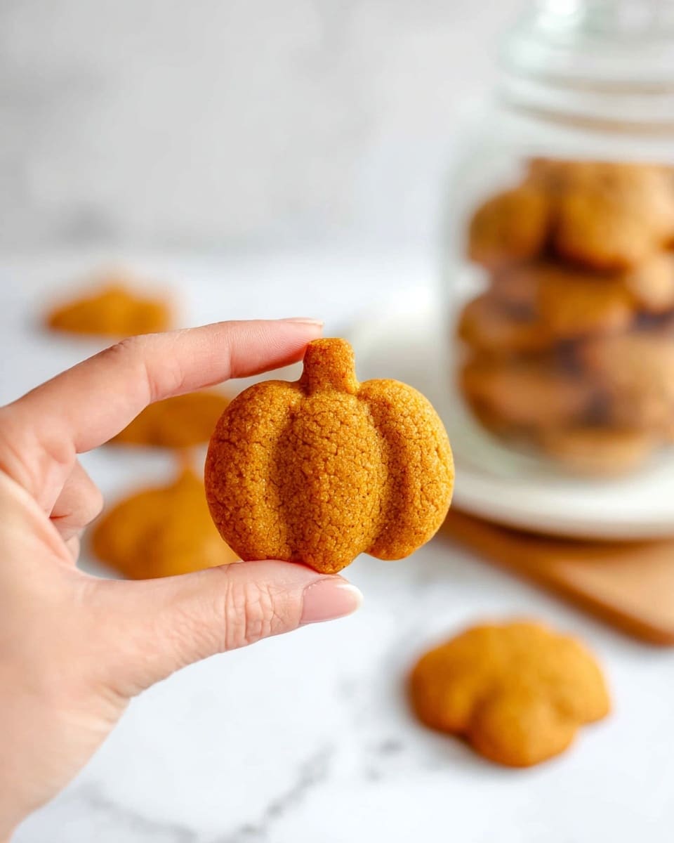 A clear glass jar filled with multiple small pumpkin-shaped orange cookies is placed on a round white marble board. One cookie leans against the jar, showing its full pumpkin shape with a slightly rough texture. Several more cookies lie scattered on a white marbled surface around the jar. In the blurred background, there is a small bright orange pumpkin with a brown stem, adding to the autumn feel. The scene is bright with soft light and a clean look. photo taken with an iphone --ar 4:5 --v 7