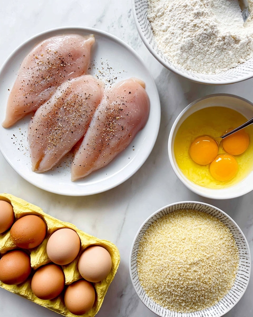The image shows a baking tray with six pieces of crispy, golden-brown fried chicken arranged on it. Each piece has a textured, crumbly coating with a hint of green herbs sprinkled on top. A small white ramekin filled with a light yellow sauce sits in the middle of the tray, partially surrounded by the chicken pieces. A silver spoon with some of the same sauce on it rests on the tray near the bottom right. The tray itself is on a white marbled surface with a light-colored cloth blurred in the background. The chicken pieces look crunchy and slightly shiny from the sauce drizzled on them. photo taken with an iphone --ar 4:5 --v 7