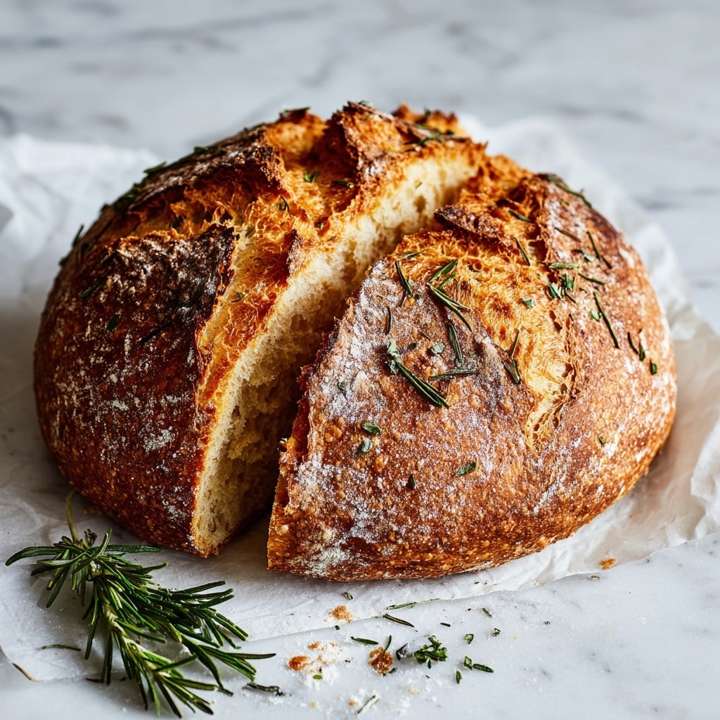 A round loaf of bread with a golden-brown crust is shown on white parchment paper, placed on a white marbled surface. The top of the bread has deep cracks revealing a soft, airy inside with a slightly shiny texture. The crust is sprinkled with small pieces of herbs, mostly rosemary, which add a dark green contrast against the warm bread. The crust appears crisp and has a few light dustings of flour. Nearby, there is a small bunch of fresh green herbs resting on the marbled surface. photo taken with an iphone --ar 4:5 --v 7