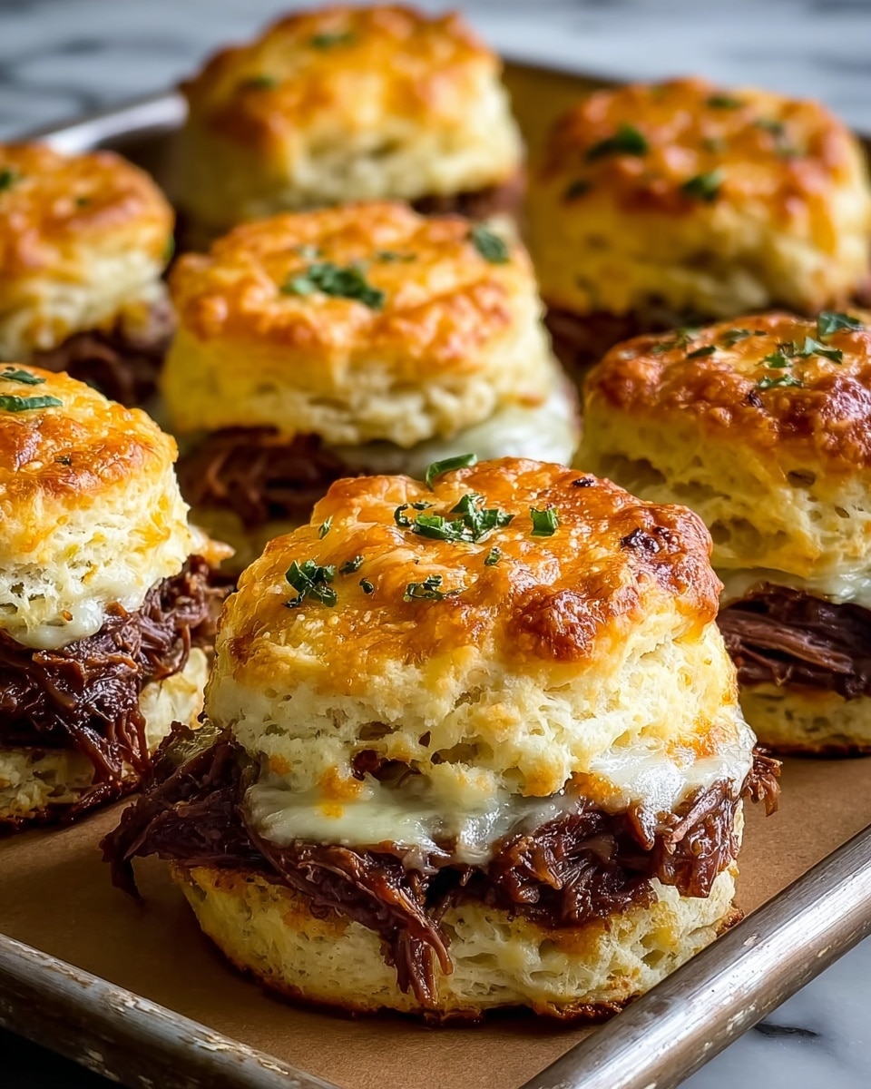The image shows several small sandwich-like biscuits arranged closely on a metal tray with a brown paper liner, placed on a white marbled surface. Each biscuit sandwich has three layers: the top and bottom layers are golden-brown flaky biscuits with a slightly crispy texture and some melted cheese baked on top, sprinkled with small green herb pieces. The middle layer contains tender, shredded dark brown meat that looks juicy and moist, with a layer of melted light-colored cheese just beneath the top biscuit. The sandwiches are well-lit, showing the textures and colors vividly. photo taken with an iphone --ar 4:5 --v 7