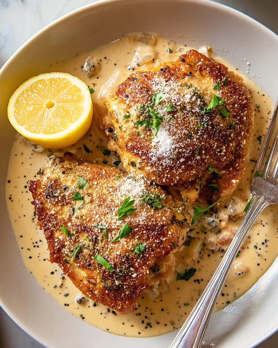 A close-up view of four roasted chicken thighs placed in a dark pan filled with a creamy sauce. Each chicken piece has a crispy golden-brown skin with visible black pepper and small green herb sprinkles on top. The creamy sauce is light yellow with a smooth texture, containing soft cooked onions and small green herb bits scattered around. The chicken thighs sit closely together, slightly submerged in the sauce, with a few browned edges visible. The whole dish is set against a white marbled surface. photo taken with an iphone --ar 4:5 --v 7
