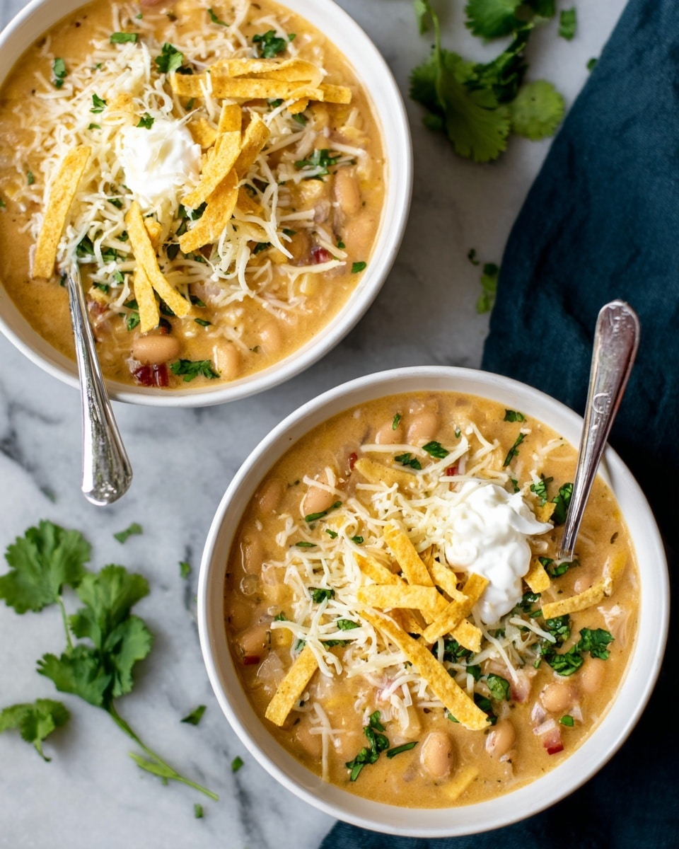 A white bowl filled with a creamy light brown soup containing chunks of vegetables and beans, topped with shredded white cheese, a dollop of white sour cream sprinkled with black pepper, thin crispy yellow tortilla strips, and small green herb pieces scattered on top, with a spoon resting inside the bowl on a white marbled surface, another similar bowl blurred in the background, photo taken with an iphone --ar 4:5 --v 7