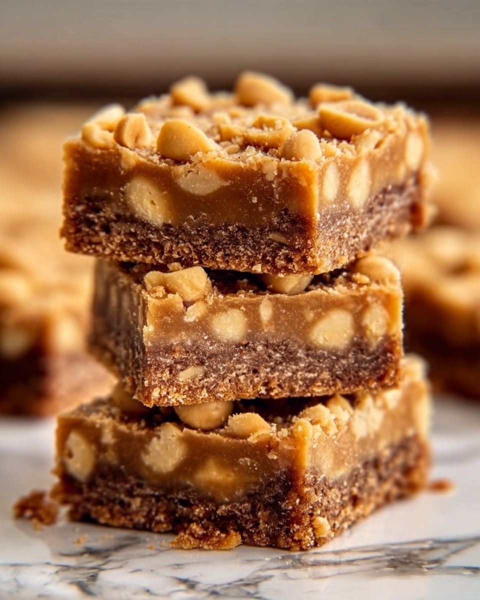 The image shows a stack of three thick, square peanut butter bars placed on a white marbled surface. Each bar has three visible layers: a dense, crumbly brown bottom layer mixed with peanut pieces, a smooth, lighter caramel-colored middle layer filled with chunky peanuts, and a crumbly brown top layer sprinkled with whole peanuts. The bars are stacked unevenly, showing the texture and layers clearly. The background is softly blurred to keep focus on the bars. Photo taken with an iphone --ar 4:5 --v 7