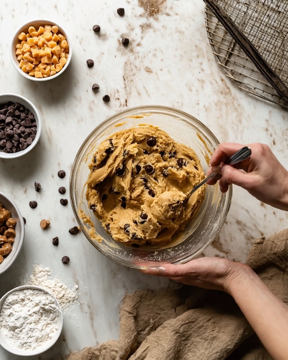 A clear glass bowl holds a thick, light brown cookie dough mixed with dark chocolate chips scattered within. The woman's hand is stirring the dough with a silver spoon, while another woman's hand steadies the bowl from below. Surrounding the bowl on a white marbled surface are small white bowls: one filled with light brown butterscotch chips in the top left, another with dark chocolate chips near the bottom, and a third with some white flour to the left. A few scattered chocolate chips lie directly on the surface. A beige cloth and a cooling rack with an empty bowl are visible in the upper right corner. photo taken with an iphone --ar 4:5 --v 7