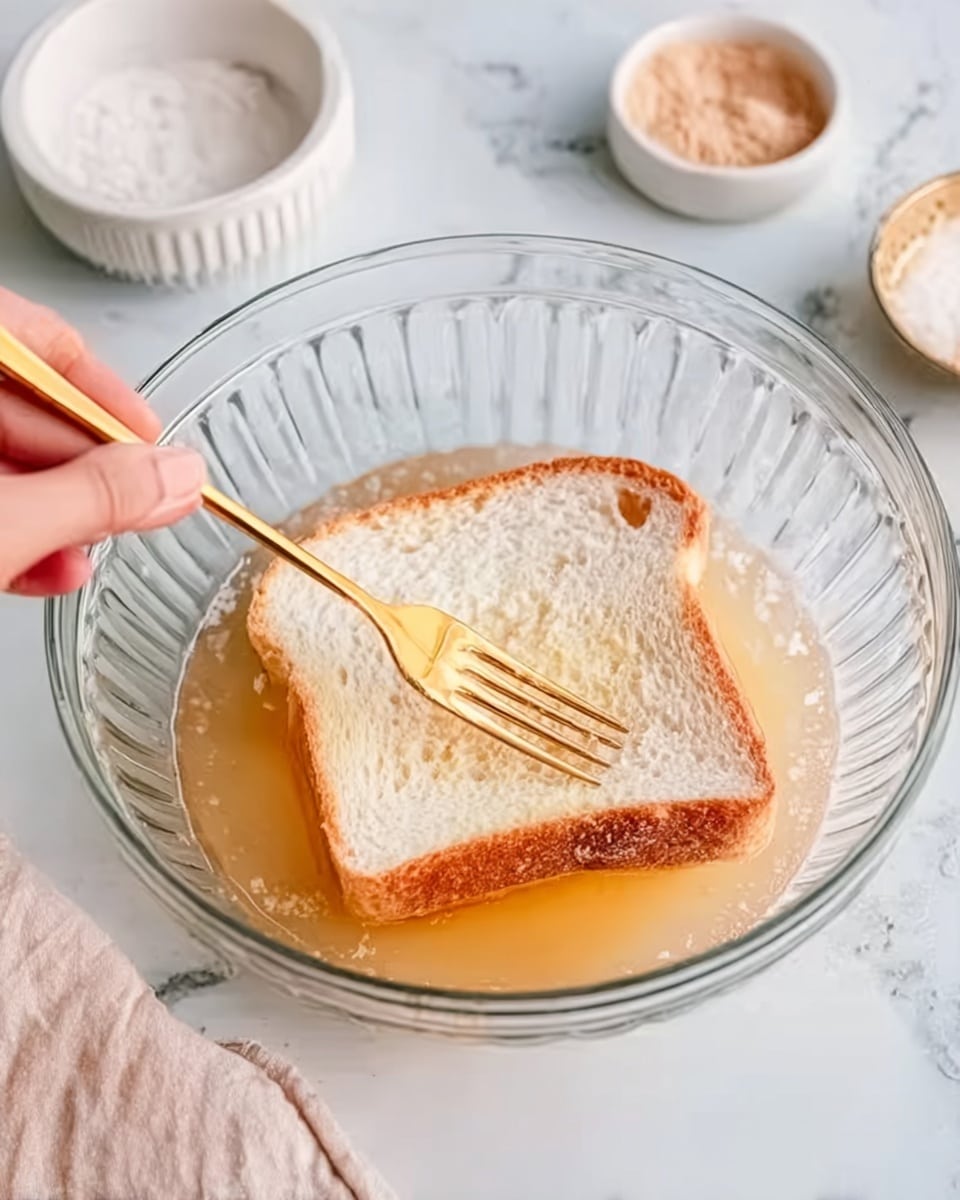 A stack of three thick slices of golden brown French toast sits on a white plate with speckled texture, each slice having a crispy, toasted edge and soft inside. On top of the stack is a dollop of white cream topped with two round banana slices sprinkled lightly with brown cinnamon powder, which is also scattered around the plate. The background shows a blurred white jug and a bowl, all resting on a white marbled textured surface. A golden fork lies in the bottom left corner near the plate. Photo taken with an iphone --ar 4:5 --v 7
