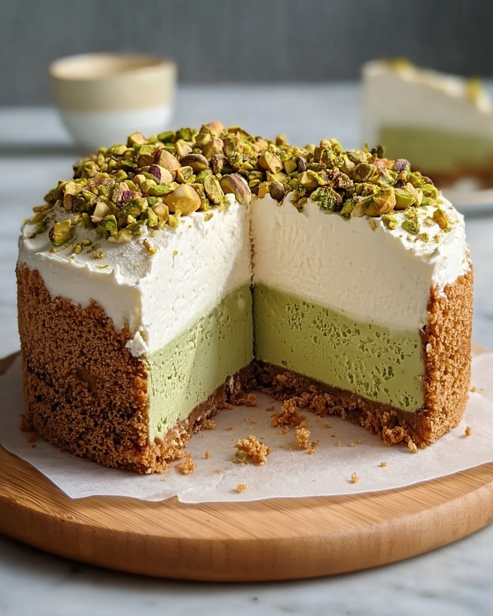 This image shows a thick, round cake with three clear layers on a white marbled surface. The bottom layer is a dense, crumbly brown crust that wraps up the sides, rough in texture. Above it is a smooth, green middle layer with a creamy, firm consistency. On top sits a thick, fluffy white layer that looks soft and light, crowned with a generous sprinkle of chopped pistachios that add a mix of green and brown colors. A slice is removed, revealing the even layers and textures inside. The cake rests on white parchment on a wooden round board. photo taken with an iphone --ar 4:5 --v 7