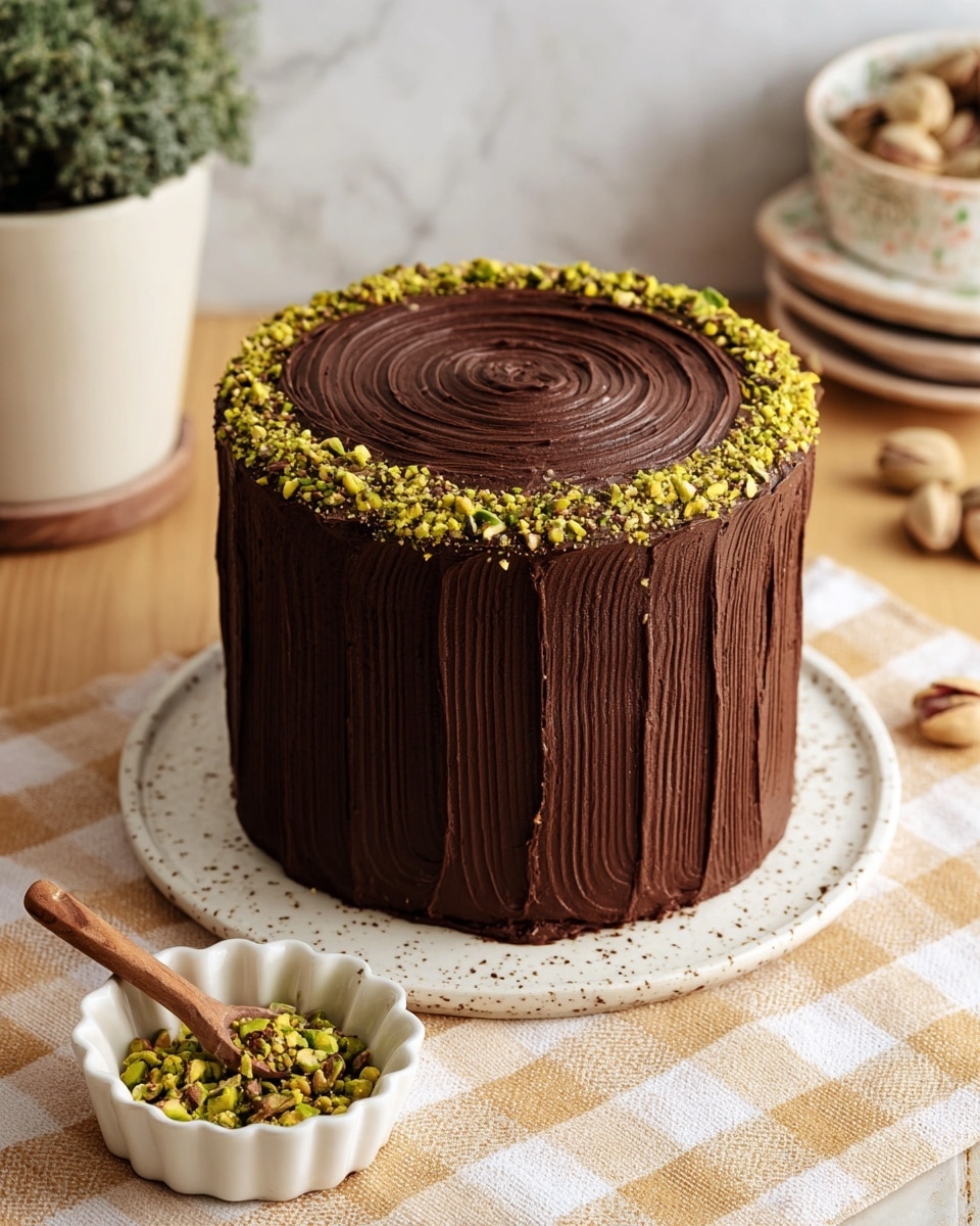 A slice of cake is shown with four visible layers. The bottom layer is dark brown and moist chocolate cake, followed by a layer of coarsely chopped green pistachios. Above this is a pale green cream layer with a smooth and slightly fluffy texture. On top of the cream is another layer of chopped pistachios, then a second thick dark brown chocolate cake layer. The slice is topped with a glossy dark chocolate coating and whole pistachio nuts scattered on top. The cake sits on a white plate, placed on a white marbled surface, with some crushed pistachio pieces around it. Photo taken with an iphone --ar 4:5 --v 7