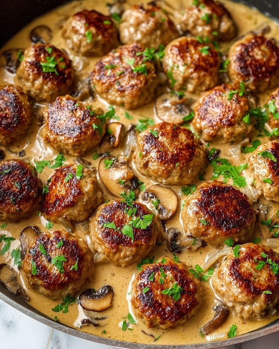 A dark grey textured round plate holds a serving of creamy white mashed potatoes spread thickly as the base layer. On top, there is a rich beige mushroom sauce with visible sliced mushrooms and small green herbs, covering parts of the mashed potatoes. Sitting atop the sauce are seven golden-brown, slightly crispy meatballs, sprinkled with fresh chopped parsley. One meatball is cut open revealing a crumbly, cooked inside. A gold fork lifts a bit of mashed potato and the cut meatball from the plate. The plate rests on a white marbled surface with scattered green herbs around it. Photo taken with an iphone --ar 4:5 --v 7