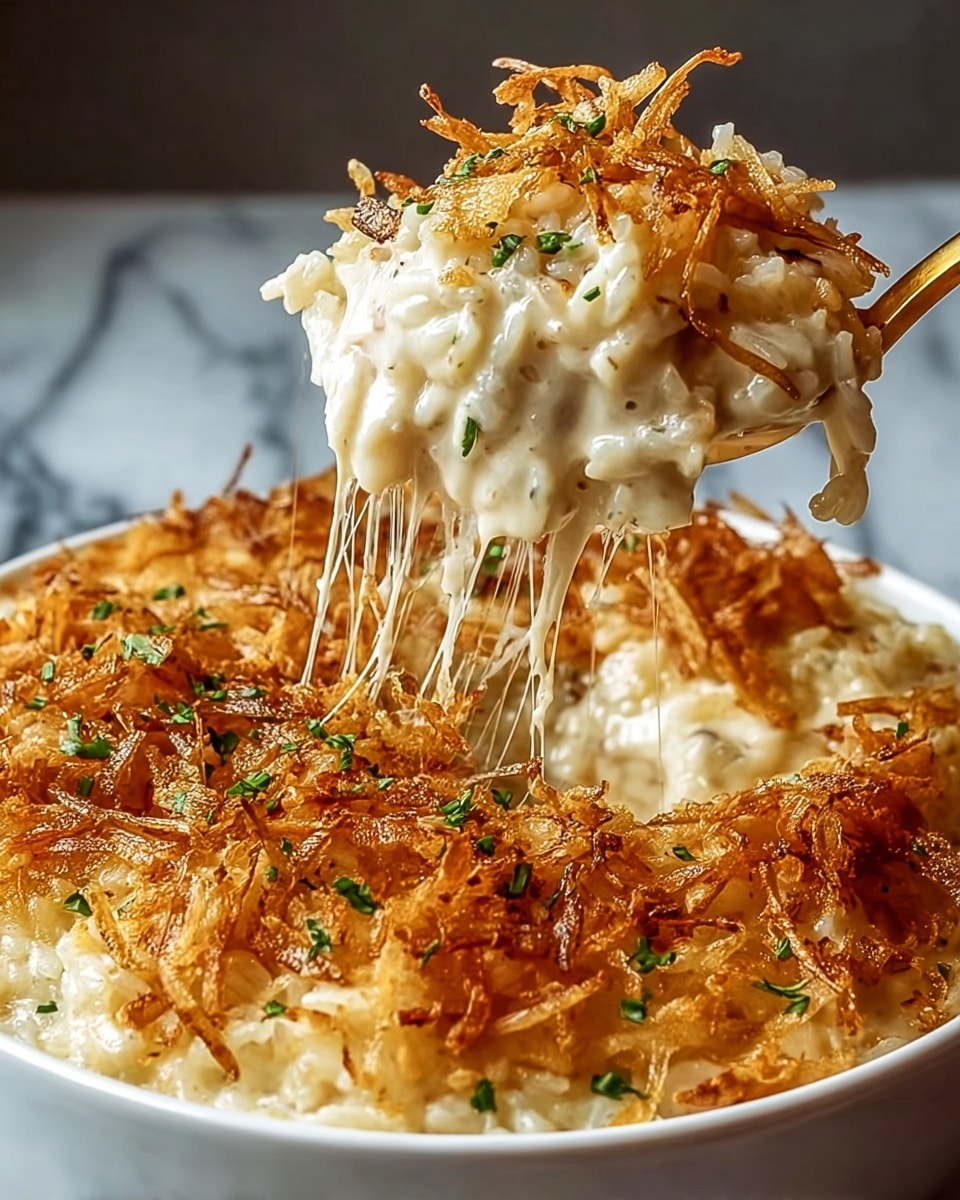 The dish shows a close-up of a white plate filled with a creamy, golden-brown casserole. The top layer is crispy and browned, with some stringy melted cheese and crunchy toasted bits scattered evenly. Underneath is a thick creamy layer of shredded or sliced potatoes mixed with sauce, creating a soft texture. The edges of the content are slightly browned and crusty. There are small sprinkles of fresh green herbs over the top, adding a pop of color. A spoon lifts a portion of the casserole, showing the gooey and tender layers underneath the crispy topping. The background is a white marbled texture. Photo taken with an iphone --ar 4:5 --v 7