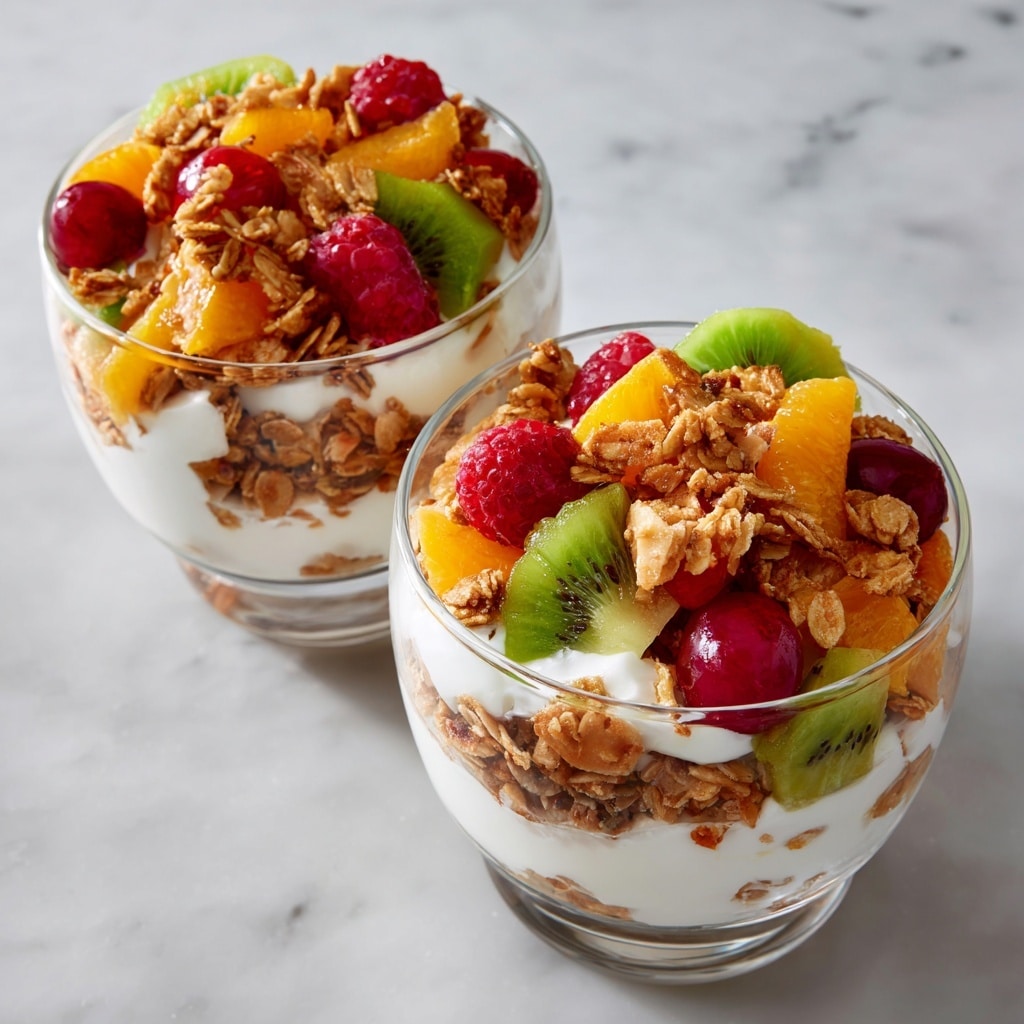 A clear glass bowl filled with three visible layers starts with a base of white creamy yogurt, topped with a layer of golden brown granola pieces. The top layer is a colorful mix of fresh fruit chunks including green kiwi slices, red raspberries, red cherries, and orange segments, all scattered over the granola. The fruits have a fresh and juicy texture, contrasting well with the creamy yogurt and crunchy granola. The bowl sits on a white marbled surface. photo taken with an iphone --ar 4:5 --v 7