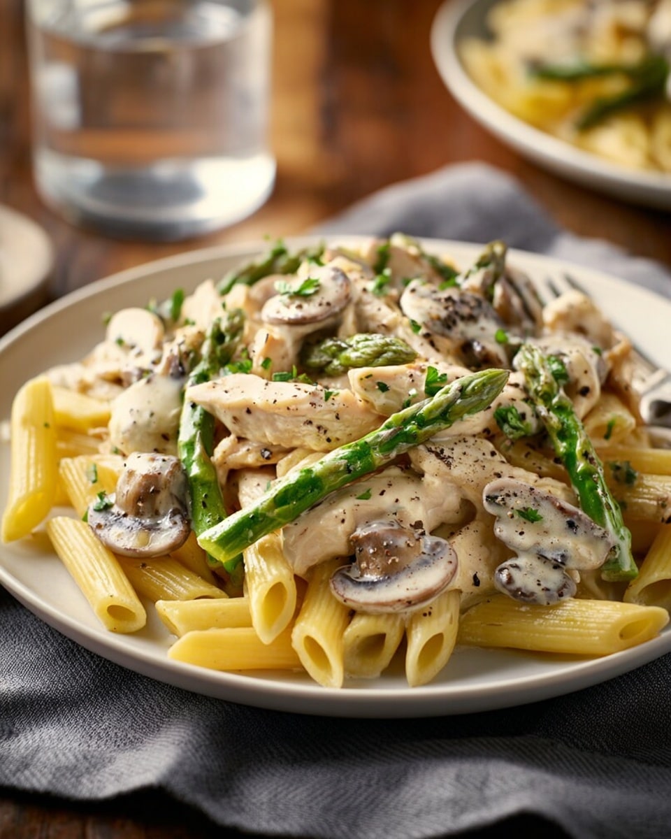 A white plate holds a creamy pasta dish with three main layers: the base layer is yellow penne pasta, topped by tender pieces of white chicken, sliced brown mushrooms, and bright green asparagus spears. A thick, light cream sauce covers the pasta, chicken, and vegetables, speckled with black pepper and garnished with small chopped green herbs, giving a fresh look. The plate rests on a gray cloth, placed on a wooden table with a soft-focus background that includes a glass of water. photo taken with an iphone --ar 4:5 --v 7