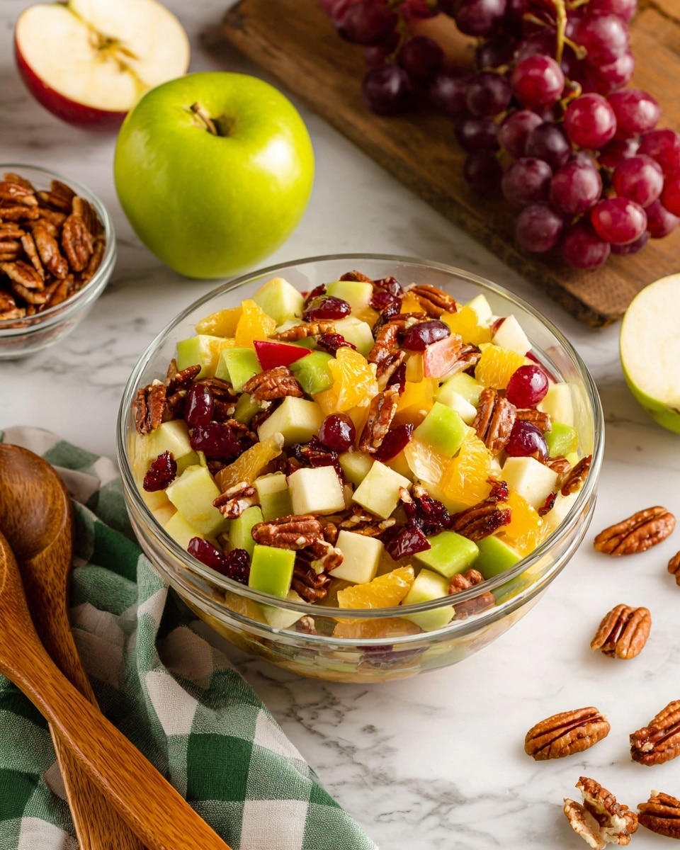 A clear glass bowl filled with a colorful fruit salad sits on a white marbled surface. The salad has three main layers: a fresh mix of chopped green and red apples with smooth, light cream-colored flesh, bright orange orange slices, and plump, shiny red grapes scattered throughout. Mixed in are pieces of brown pecans and small dark red dried cranberries adding texture. A woman's hand is pouring a light golden liquid dressing from a small clear glass bowl, which flows smoothly over the fruit layers, giving a glossy shine. In the background, out of focus, are more red grapes. photo taken with an iphone --ar 4:5 --v 7