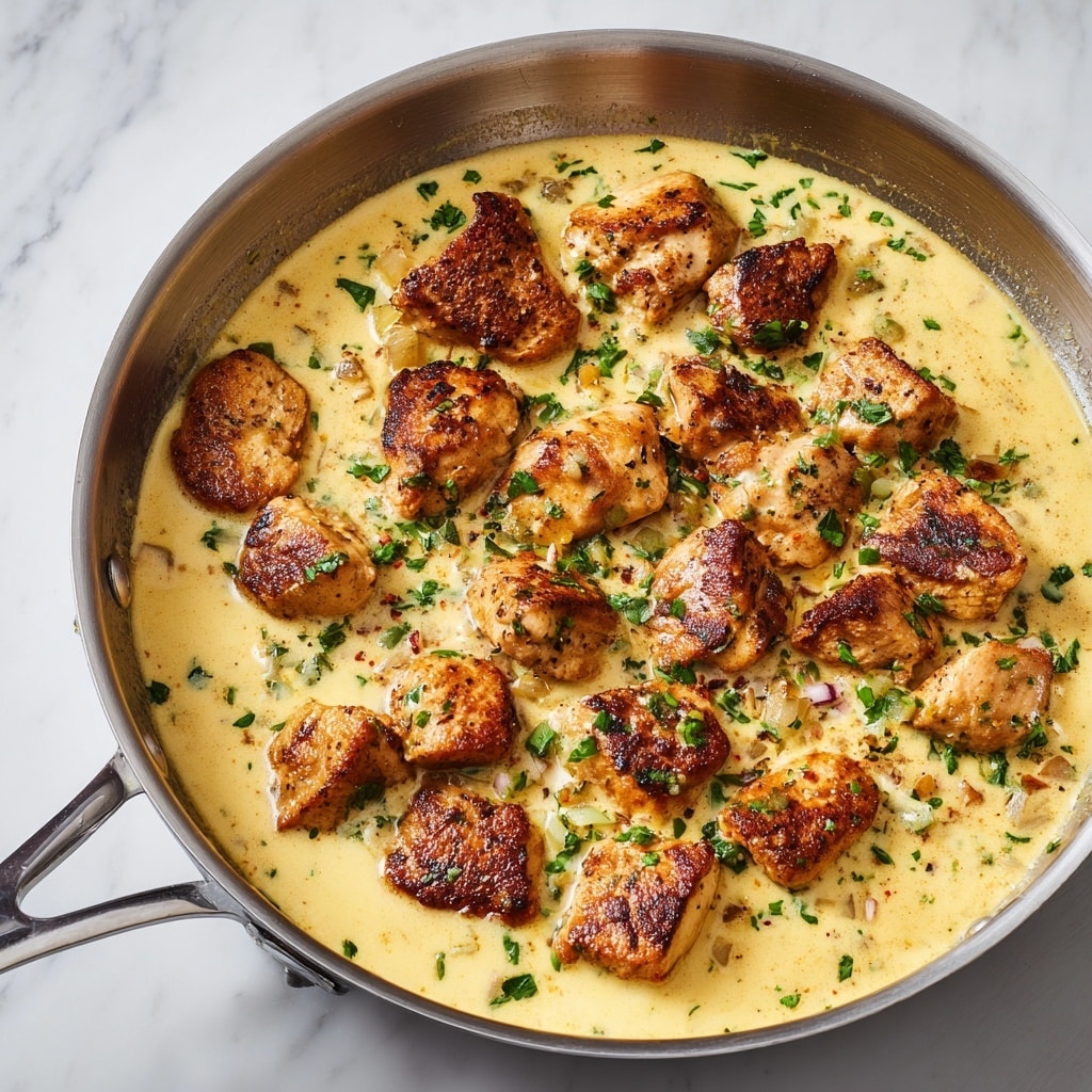 The image shows a close-up view of a silver frying pan filled with a creamy yellow sauce with a smooth texture, covering several pieces of golden-brown seared chicken. The chicken pieces are cut into bite-sized chunks scattered evenly in the sauce, sprinkled with small green chopped herbs, adding a fresh touch. The pan handle extends toward the left, resting on a white marbled surface. photo taken with an iphone --ar 4:5 --v 7