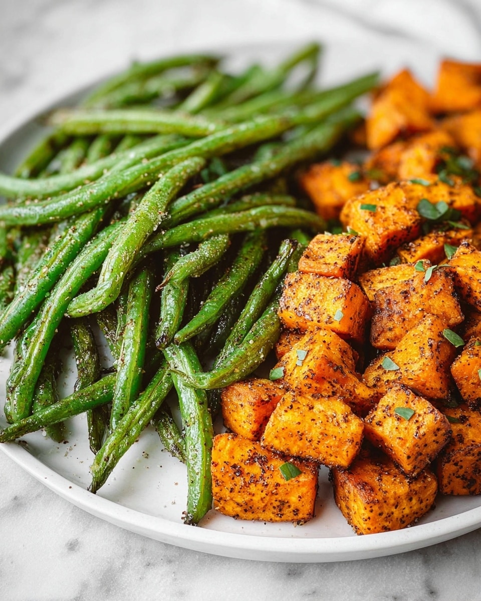 A close-up view of a white plate with two layers of food: on the left, a pile of bright green roasted green beans with a slightly wrinkled texture and black pepper seasoning; on the right, golden-orange roasted sweet potato cubes with a slightly crispy, seasoned surface, sprinkled with small green herb pieces on top. The plate is on a white marbled texture. Photo taken with an iphone --ar 4:5 --v 7