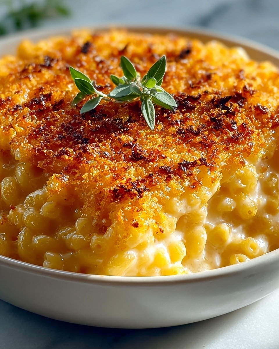 A close-up view of a square white baking dish filled with a creamy baked corn casserole. The casserole has a golden brown, slightly crispy melted cheese layer on top with spots of deeper brown where the cheese bubbled and toasted. Scattered bright yellow corn kernels are visible just below the cheesy crust, and small bits of finely chopped green herbs are sprinkled evenly over the surface. The edges of the dish show some bubbling cheese and corn mixture pushing up against the sides. The background is a white marbled texture. Photo taken with an iphone --ar 4:5 --v 7
