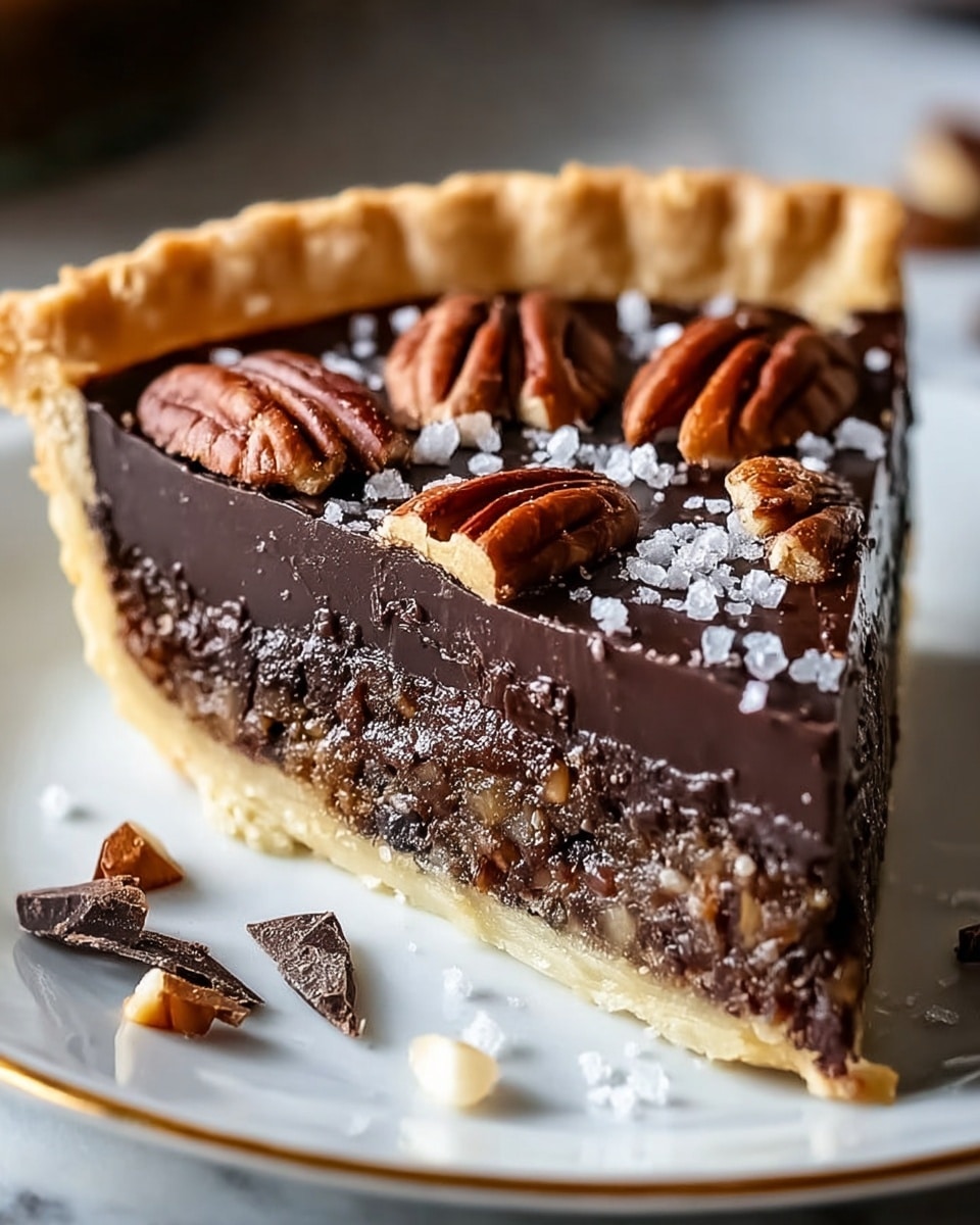 The image shows a pecan pie with a golden flaky crust that is slightly crimped on the edges. The pie has three clear layers: the bottom layer is a light beige crust, the middle layer is a smooth, dark brown chocolate filling, and the top layer is a shiny glaze covered with whole and chopped pecans in a rich brown color. The pie is on a clear pie dish placed on a white marbled texture, with some scattered pecans and nut pieces around it, creating a cozy and inviting scene. Photo taken with an iphone --ar 4:5 --v 7