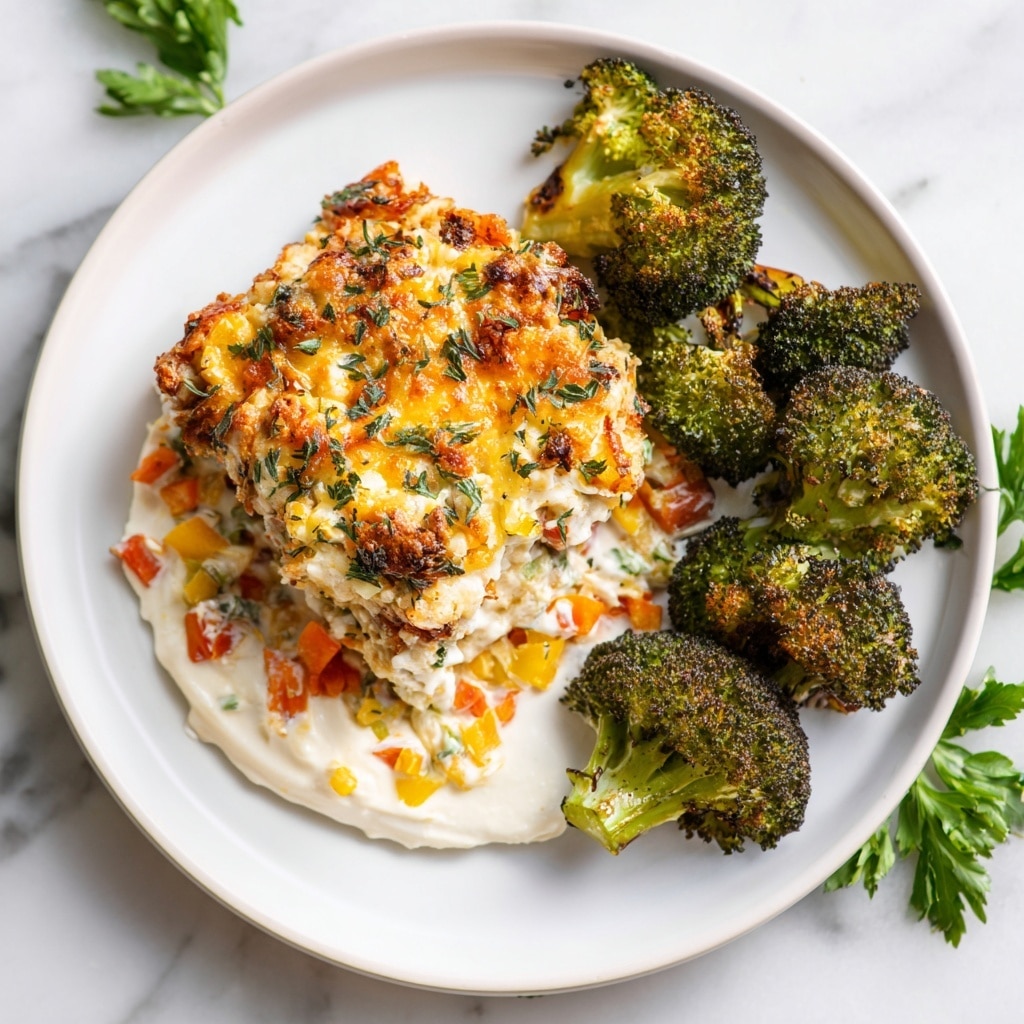 The image shows a baked dish in a white rectangular baking dish with handles, filled with a creamy textured mixture in a light orange color with white melted cheese scattered uniformly across the top. Bright orange sauce is drizzled over the top in uneven lines. Small green chopped herbs are sprinkled evenly, adding contrast to the dish. The baking dish sits on a white marbled surface, with a blurred plate of green herbs and a gray cloth in the background. Photo taken with an iphone --ar 4:5 --v 7