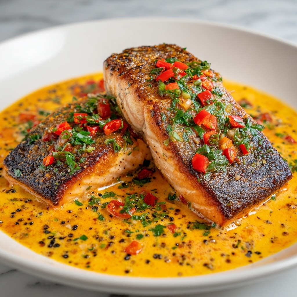 The image shows two pieces of grilled fish with crispy brown skin and flaky white flesh sitting closely in the center of a white plate. The fish is covered with small finely chopped red peppers and green herbs, adding bright bursts of color. The fish rests in a thick, creamy orange sauce that fills the bottom of the plate and has a sprinkling of black pepper and green herbs spread across it. The background is a white marbled texture, giving a clean and bright feel to the image. photo taken with an iphone --ar 4:5 --v 7