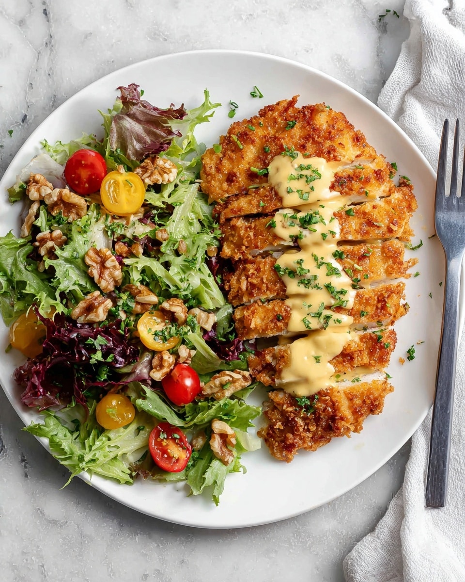 The image shows a white plate with two main parts: on the right side, there is a crispy, golden-brown fried chicken cutlet sliced into five pieces, topped with a creamy light yellow sauce and sprinkled with chopped green herbs. On the left side, there is a fresh mixed green salad with different types of lettuce leaves, halved red and yellow cherry tomatoes, and small pieces of walnuts scattered on top. The plate is on a white marbled texture surface, and a fork is placed nearby in the top right corner. photo taken with an iphone --ar 4:5 --v 7