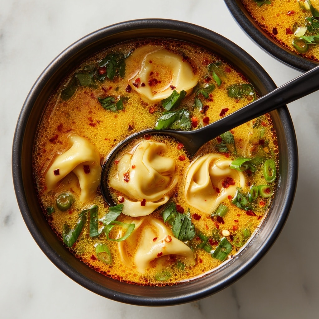 A black bowl filled with a rich, creamy orange-yellow broth with small red chili flakes floating on top, containing four light beige tortellini pasta pieces partially submerged and showing smooth, slightly glossy textures. Bright green chopped herbs and scallion slices are spread across the soup, adding fresh color contrast. A black soup spoon rests inside the bowl, partly immersed in the broth. The bowl sits on a white marbled surface, giving a clean and bright background. photo taken with an iphone --ar 4:5 --v 7