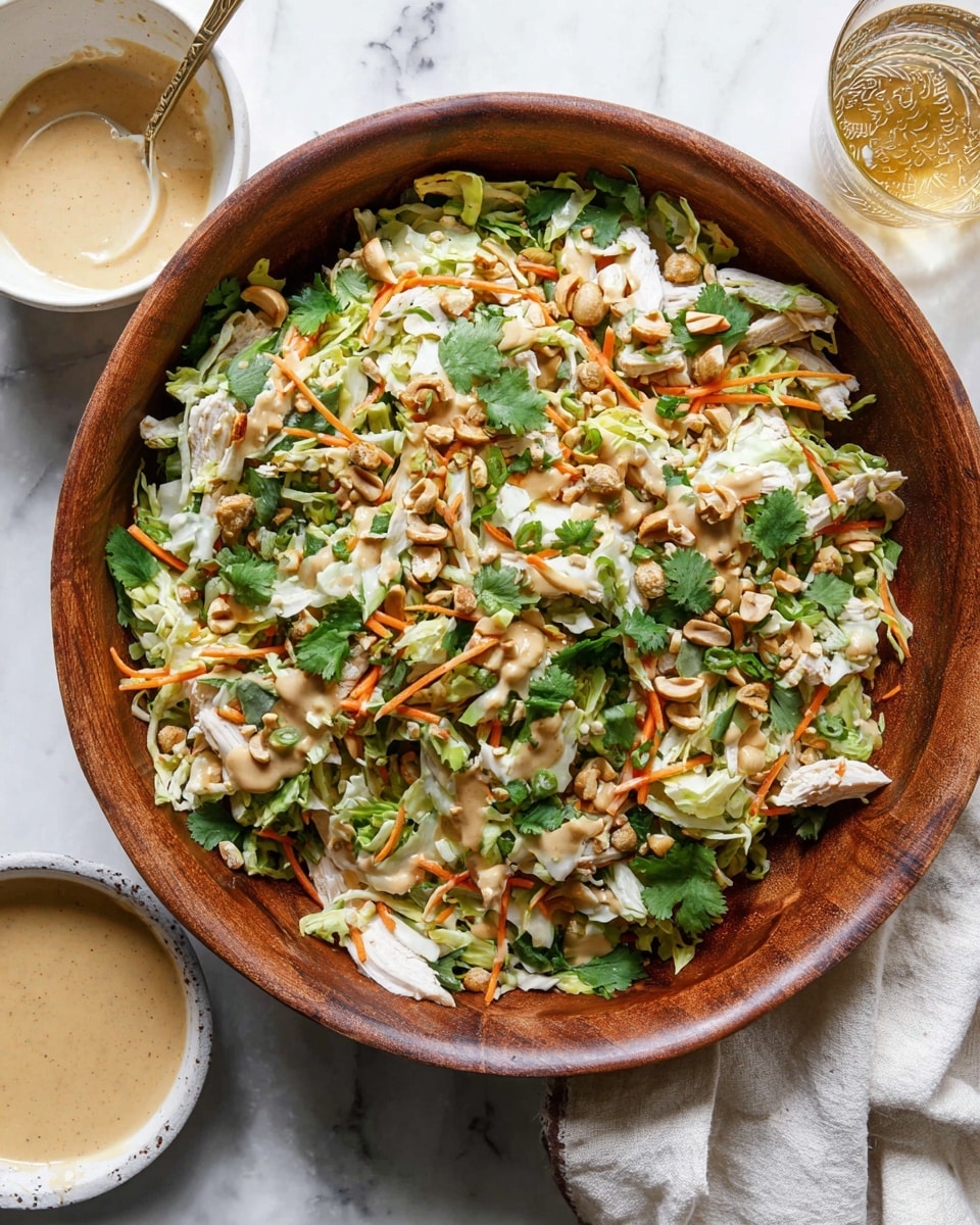 A large wooden bowl filled with a fresh salad containing layers of shredded pale green cabbage and white chicken pieces at the base, topped with thin orange carrot sticks and chopped green herbs like cilantro and scallions. The salad is sprinkled with light brown chopped nuts and drizzled with a creamy beige dressing that pools in some spots. The setting shows a small white bowl with more creamy dressing on the left and a glass of light golden drink on the right, all on a white marbled surface with a cream cloth partially visible. photo taken with an iphone --ar 4:5 --v 7