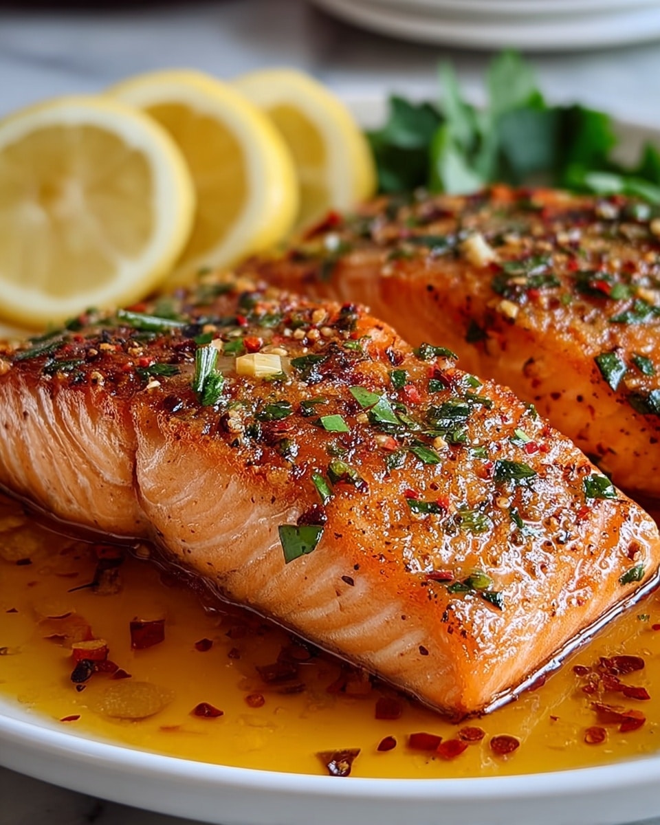 The image shows three pieces of cooked salmon fillets in a clear glass baking dish. Each fillet has a glistening, shiny orange-pink color with a slightly caramelized surface and black pepper sprinkled on top. The salmon's texture looks tender and flaky, with a light sauce pooling slightly around the edges in the dish. The dish is placed on a white marbled surface, giving a clean and bright background. Photo taken with an iphone --ar 4:5 --v 7