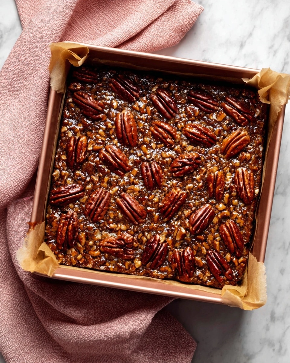 The image shows a square baking pan lined with parchment paper, filled with a dense, rich pecan dessert. The top layer is covered with whole, shiny, dark brown pecans arranged evenly across the surface. Beneath the pecans is a thick, sticky, caramel-like layer mixed with chopped nuts, creating a textured, glossy brown surface. The pan is placed on a folded soft pink cloth, all set on a white marbled surface. photo taken with an iphone --ar 4:5 --v 7