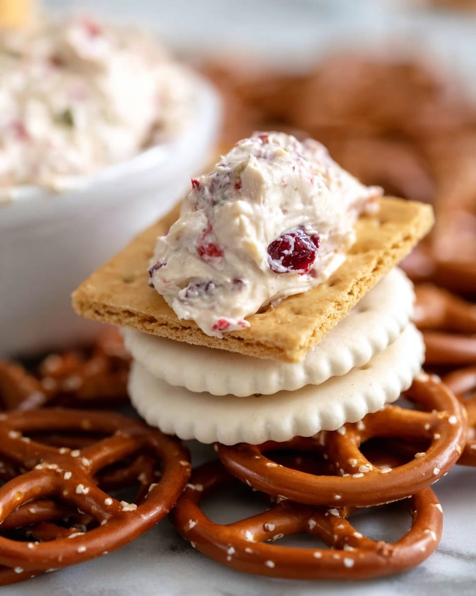 A close-up image of a snack stack starting with a base layer of dark brown pretzels with a shiny surface and light salt specks. Above the pretzels are two stacked white round crackers with scalloped edges and a smooth texture. On top of the crackers is a square wheat cracker with a grainy surface. The top layer is a dollop of creamy white spread mixed with small red and green bits, placed on the wheat cracker. In the blurred background, a white bowl containing more of the spread is partially visible on a white marbled surface. Photo taken with an iphone --ar 4:5 --v 7