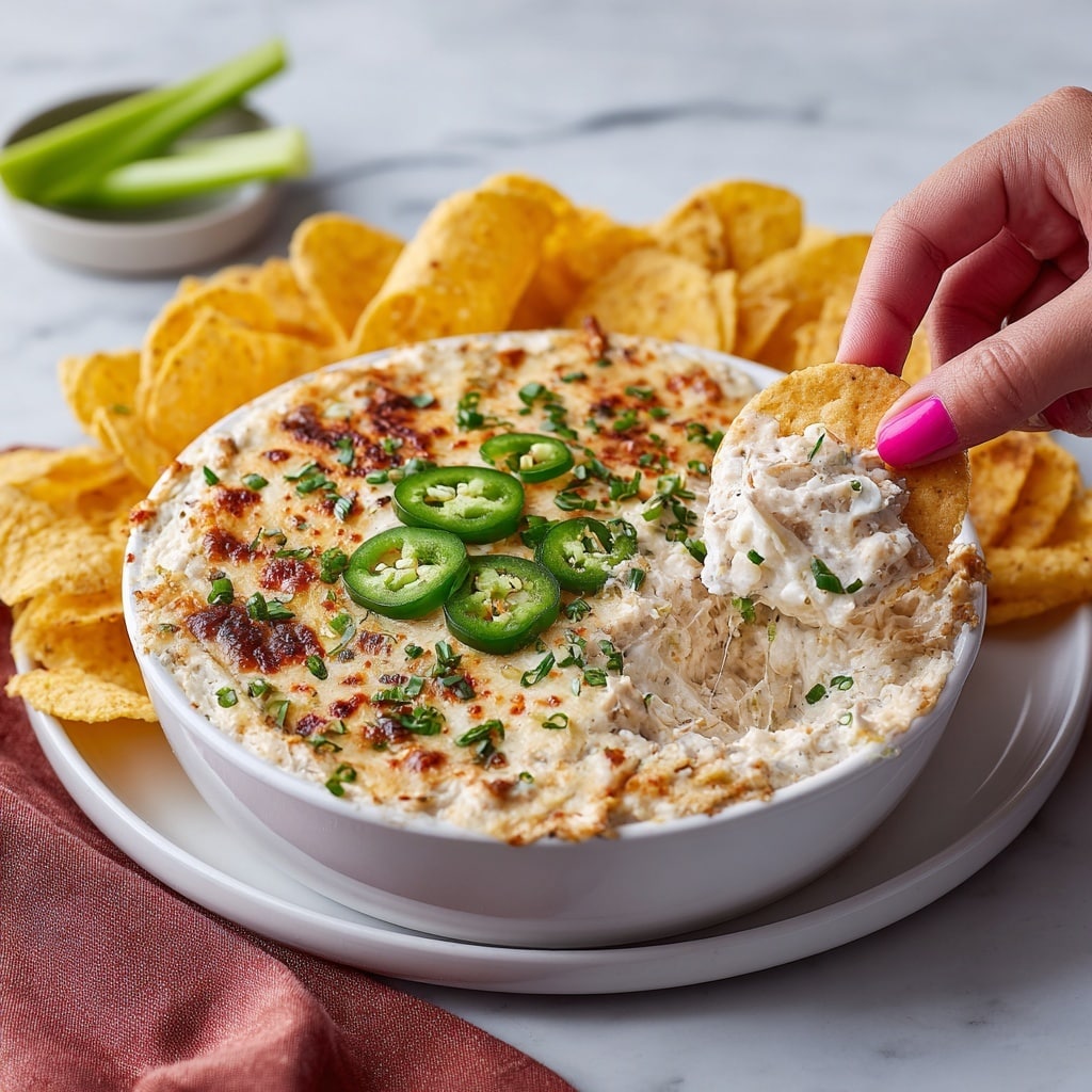 A white bowl filled with a creamy dip topped with a layer of light brown crumbly bits is placed on a wooden board, with some green jalapeño slices and crackers around it. A woman's hand with pink nails is dipping a cracker into the thick white dip, lifting a generous scoop. The texture of the dip looks smooth and slightly chunky, with a crispy crumb topping visible. The background is a white marbled surface, giving a clean and bright feel. photo taken with an iphone --ar 4:5 --v 7