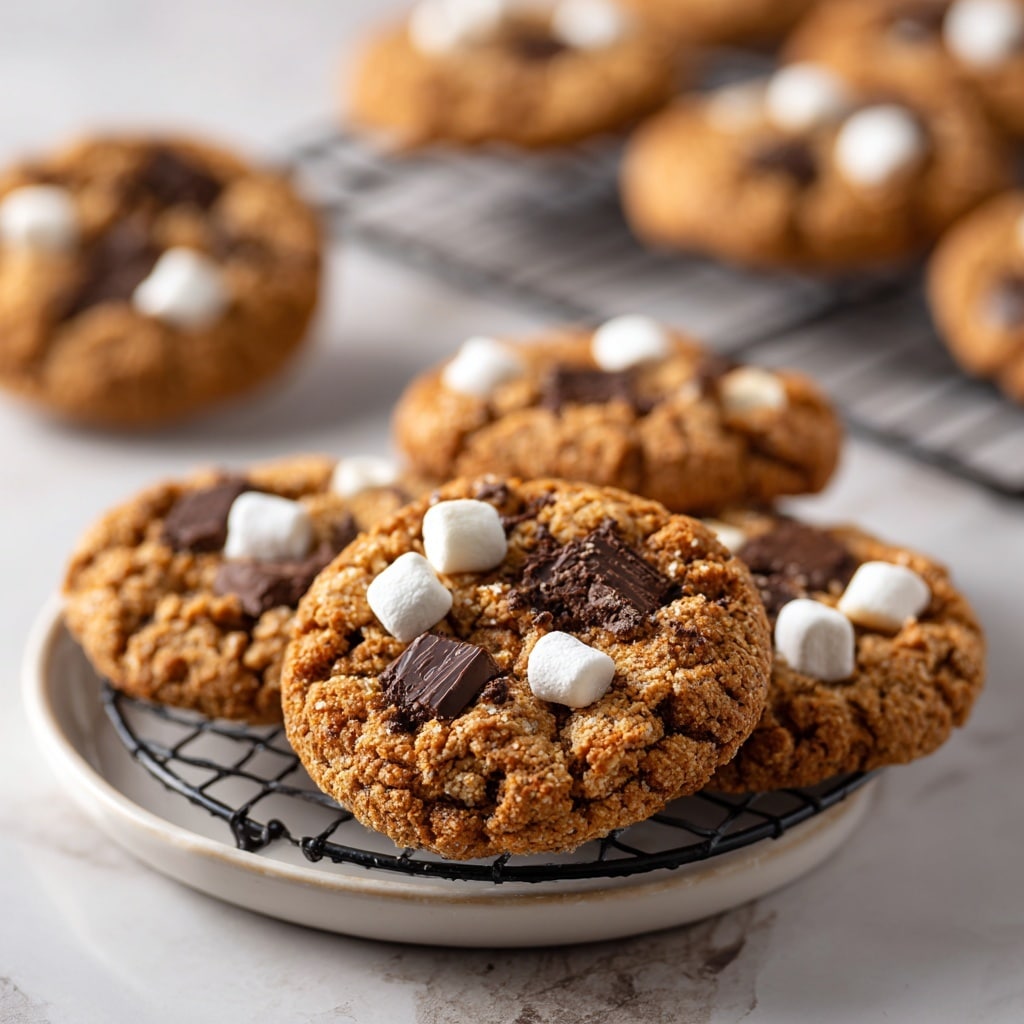 Two soft brown cookies stacked on a white plate set on a white marbled surface. Each cookie has a rough texture with visible cracks and chunks of dark chocolate pieces and white marshmallows scattered on top. In the background, more cookies with similar toppings sit on a black wire cooling rack. The scene is bright with natural light highlighting the details of the cookies. Photo taken with an iphone --ar 4:5 --v 7