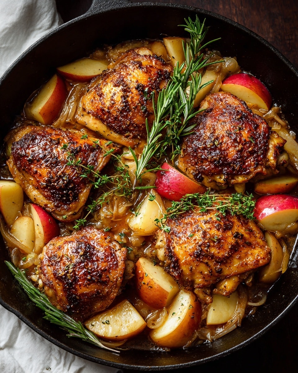 A white plate with ridged edges holds a meal composed of three main parts: on the left, there is sliced grilled chicken with a brown, slightly charred surface resting on a few golden brown cooked apple slices coated in a light sauce with small onion pieces; on the right, there is another piece of grilled chicken topped with several reddish-orange apple slices dusted with cinnamon or spices; at the top right, a pile of bright green, cooked green beans adds a fresh and crisp contrast. A fork with a wooden handle lies on the left bottom edge of the plate, all placed on a white marbled surface with a floral cloth partially visible. photo taken with an iphone --ar 4:5 --v 7