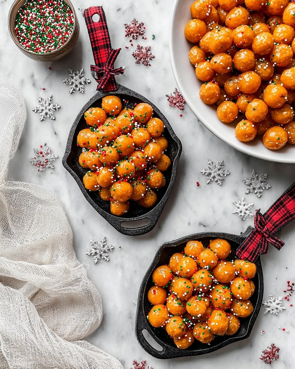 A close-up of a pyramid stack of small golden brown dough balls coated in a shiny glaze, each topped with tiny colorful red, white, and green round sprinkles. The dough balls are piled high on a black cast iron skillet shaped like a Christmas tree, with a red and black checkered ribbon tied loosely around the skillet's handle. The scene is set on a white marbled surface, scattered with more tiny sprinkles and a few small white snowflake-shaped candies. A white lightly textured cloth lies gently in the foreground adding softness to the image. Photo taken with an iphone --ar 4:5 --v 7
