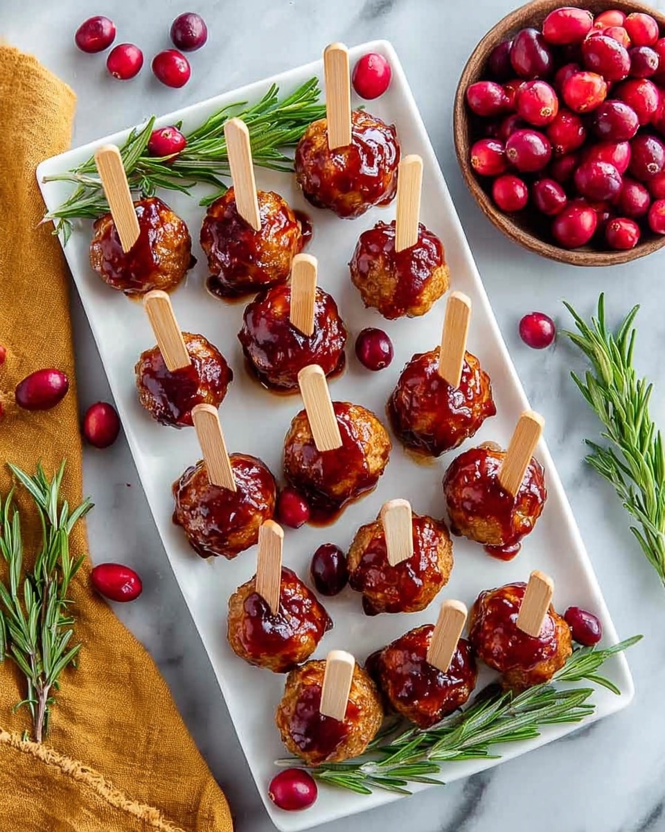 A white plate with a gray rim holds about ten round meatballs, each with visible green herbs and white bits inside, giving them a textured look. On top of each meatball, there is a bright red cranberry sauce, which is chunky with whole and crushed cranberries, some juice dripping down the sides. Around the plate and in the background, there are loose whole cranberries and green parsley leaves scattered on a white marbled surface. In the background, there is a white bowl with more cranberry sauce inside. The image is bright, fresh-looking, and focused on the colorful contrast between the red sauce and the beige meatballs photo taken with an iphone --ar 4:5 --v 7